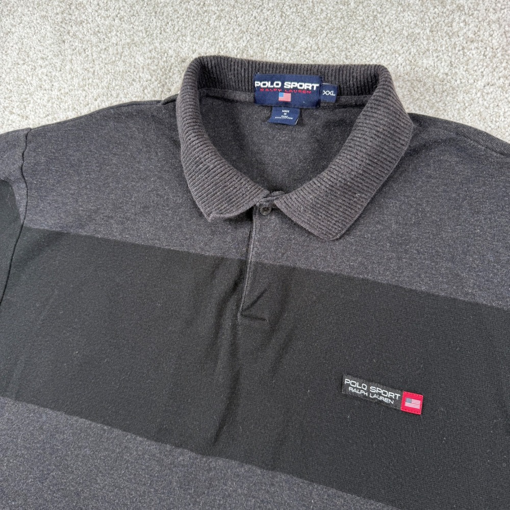 Polo Sport Polo Shirt Mens XXL Black Gray Striped Short Sleeve Vintage Patch